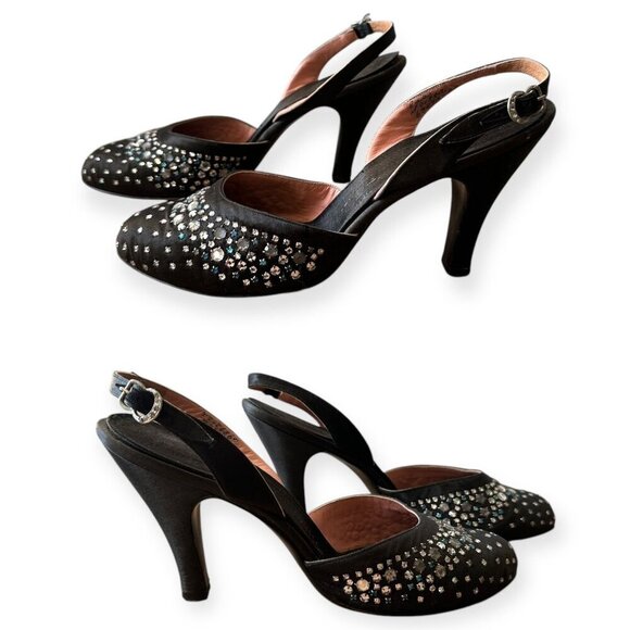 Vintage Saks-Fifth Avenue/Fenton Footwear Black Satin Beaded Slingback Pumps, 8A - Picture 14 of 15